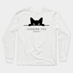 Judging You Silently Cat T-Shirt - Funny Black Cat Peeking Graphic Tee Long Sleeve T-Shirt