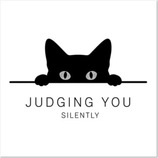 Judging You Silently Cat T-Shirt - Funny Black Cat Peeking Graphic Tee Posters and Art