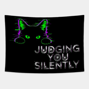 Judging You Silently Cat T-Shirt - Funny Black Cat Peeking Graphic Tee Tapestry