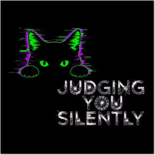 Judging You Silently Cat T-Shirt - Funny Black Cat Peeking Graphic Tee Posters and Art