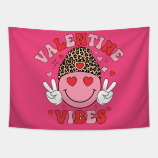 Groovy Love: Retro Leopard Beanie Smiley Valentine Vibes 2026 Tapestry