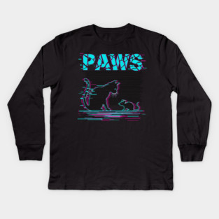 Unique Glitch Art Cat Gift - Retro PAWS Parody Kitten Lover Tee Kids Long Sleeve T-Shirt