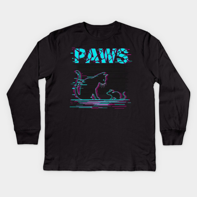 Unique Glitch Art Cat Gift - Retro PAWS Parody Kitten Lover Tee Kids Long Sleeve T-Shirt by OUTFITPAW