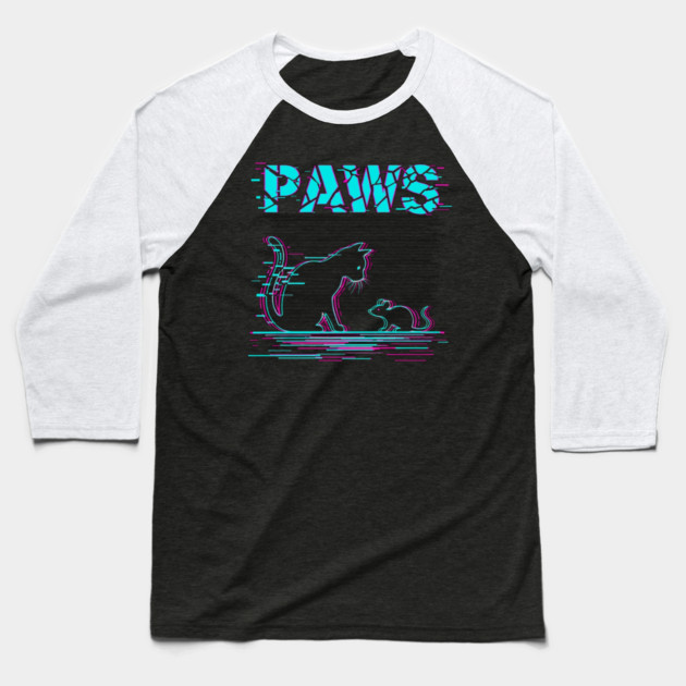 Unique Glitch Art Cat Gift - Retro PAWS Parody Kitten Lover Tee Baseball T-Shirt by OUTFITPAW