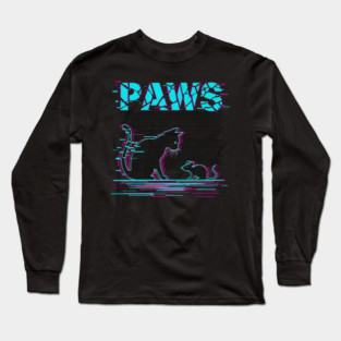 Unique Glitch Art Cat Gift - Retro PAWS Parody Kitten Lover Tee Long Sleeve T-Shirt