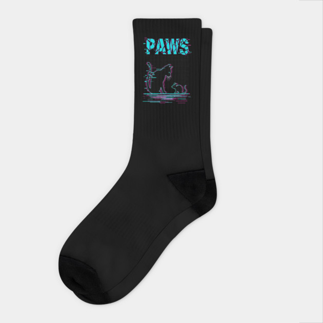 Unique Glitch Art Cat Gift - Retro PAWS Parody Kitten Lover Tee Socks by OUTFITPAW