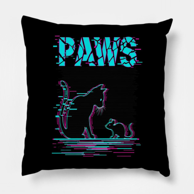 Unique Glitch Art Cat Gift - Retro PAWS Parody Kitten Lover Tee Pillow by OUTFITPAW