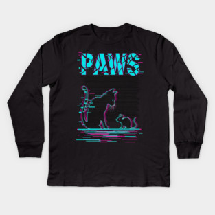 Unique Glitch Art Cat Gift - Retro PAWS Parody Kitten Lover Tee Kids Long Sleeve T-Shirt