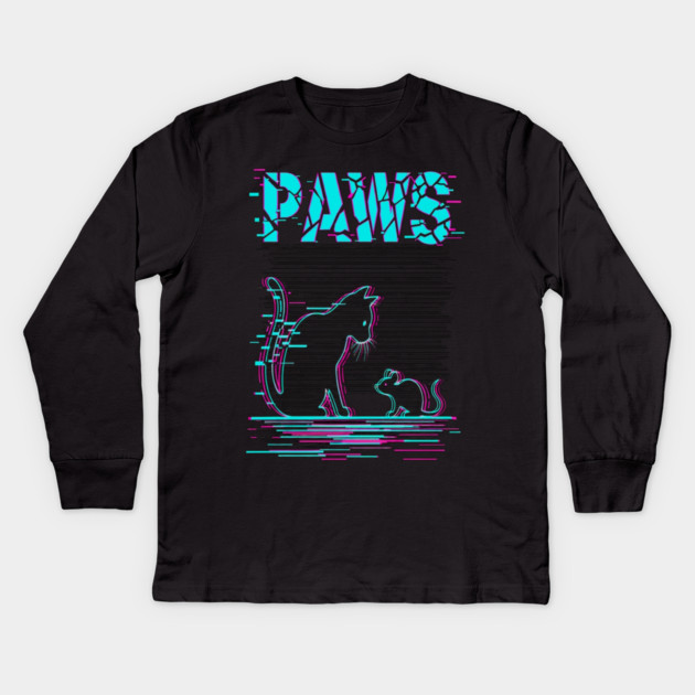 Unique Glitch Art Cat Gift - Retro PAWS Parody Kitten Lover Tee Kids Long Sleeve T-Shirt by OUTFITPAW