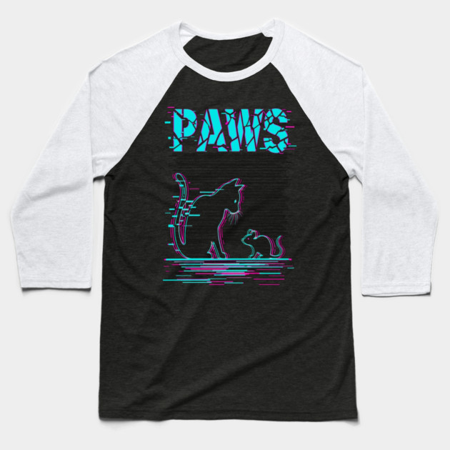 Unique Glitch Art Cat Gift - Retro PAWS Parody Kitten Lover Tee Baseball T-Shirt by OUTFITPAW