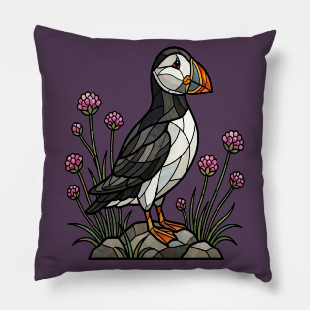 Northern Puffin on Coastal Rocks Pillow by BirdsnStuff