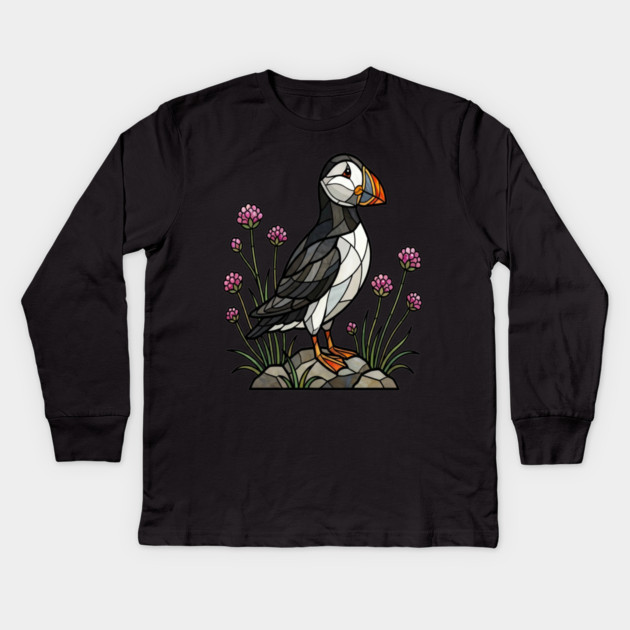 Northern Puffin on Coastal Rocks Kids Long Sleeve T-Shirt by BirdsnStuff