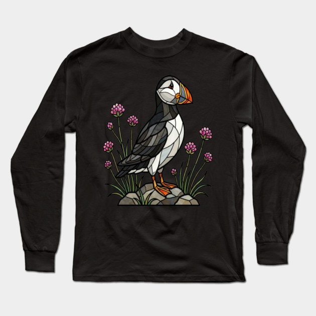 Northern Puffin on Coastal Rocks Long Sleeve T-Shirt by BirdsnStuff