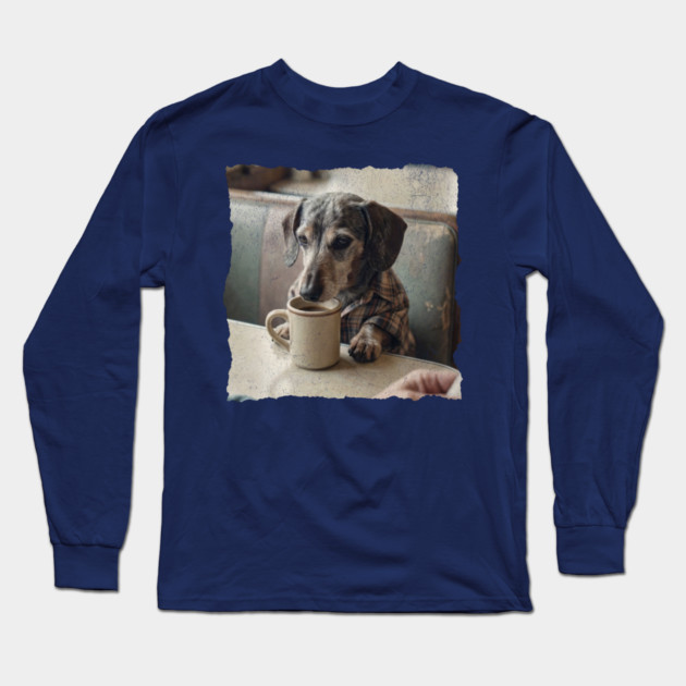 Vintage Dachshund Coffee Diner Art for Dog Lovers Long Sleeve T-Shirt by Yesteeyear