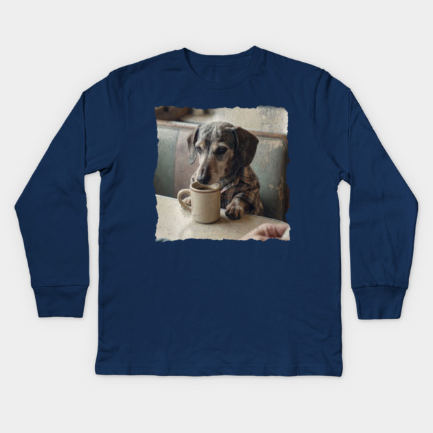 Vintage Dachshund Coffee Diner Art for Dog Lovers Kids Long Sleeve T-Shirt by Yesteeyear