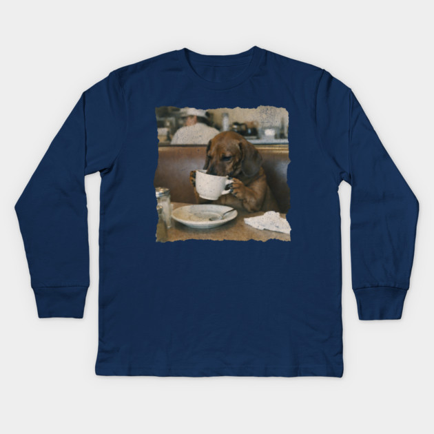 Vintage Dachshund Coffee Diner Art for Dog Lovers Kids Long Sleeve T-Shirt by Yesteeyear