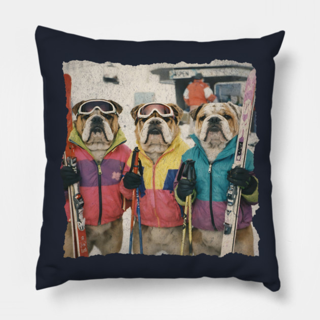 Retro Skiing Bulldogs Winter Sports Art for Dog Lovers Pillow by Yesteeyear