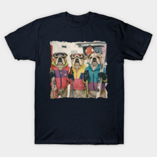 Retro Skiing Bulldogs Winter Sports Art for Dog Lovers T-Shirt