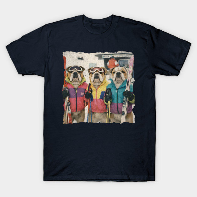 Retro Skiing Bulldogs Winter Sports Art for Dog Lovers T-Shirt by Yesteeyear