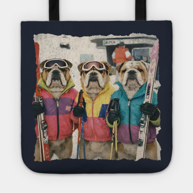 Retro Skiing Bulldogs Winter Sports Art for Dog Lovers Tote by Yesteeyear