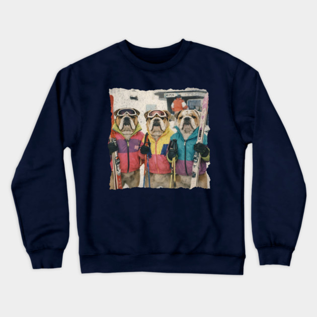 Retro Skiing Bulldogs Winter Sports Art for Dog Lovers Crewneck Sweatshirt by Yesteeyear