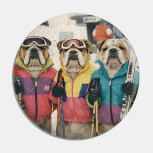 Retro Skiing Bulldogs Winter Sports Art for Dog Lovers Pin