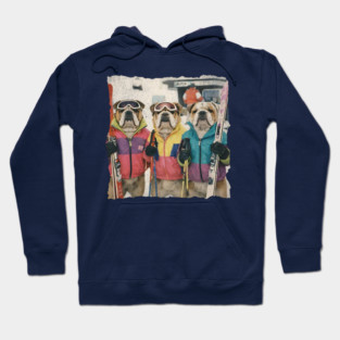 Retro Skiing Bulldogs Winter Sports Art for Dog Lovers Hoodie