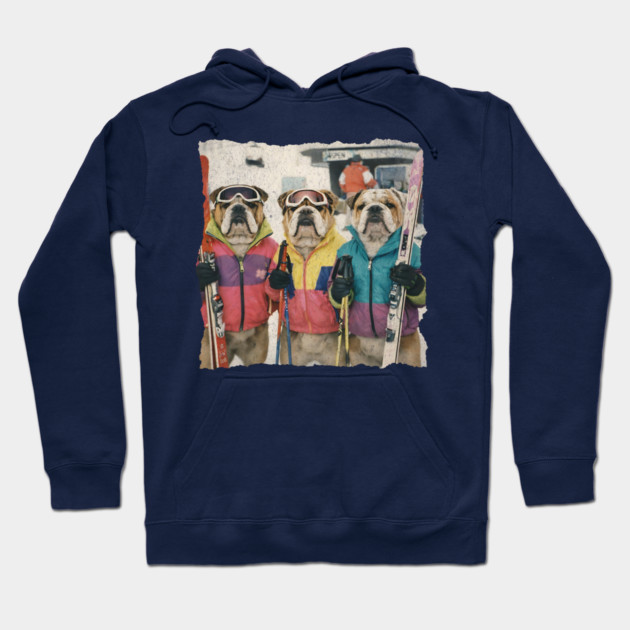 Retro Skiing Bulldogs Winter Sports Art for Dog Lovers Hoodie by Yesteeyear