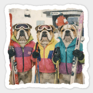 Retro Skiing Bulldogs Winter Sports Art for Dog Lovers Sticker