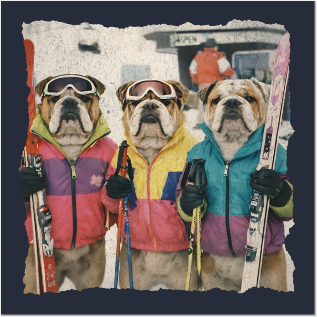 Retro Skiing Bulldogs Winter Sports Art for Dog Lovers Wall Art by Yesteeyear