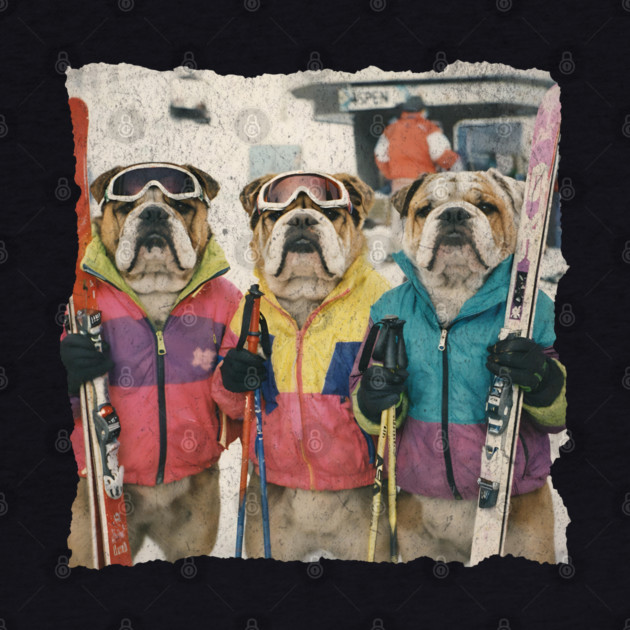Retro Skiing Bulldogs Winter Sports Art for Dog Lovers by Yesteeyear