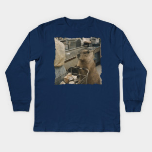 Vintage Capybara Grocery Shopping Art for Animal Lovers Kids Long Sleeve T-Shirt