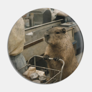 Vintage Capybara Grocery Shopping Art for Animal Lovers Pin