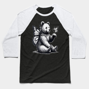 Vintage Butterfly Bear - Whimsical Forest Fairy Grizzly Baseball T-Shirt