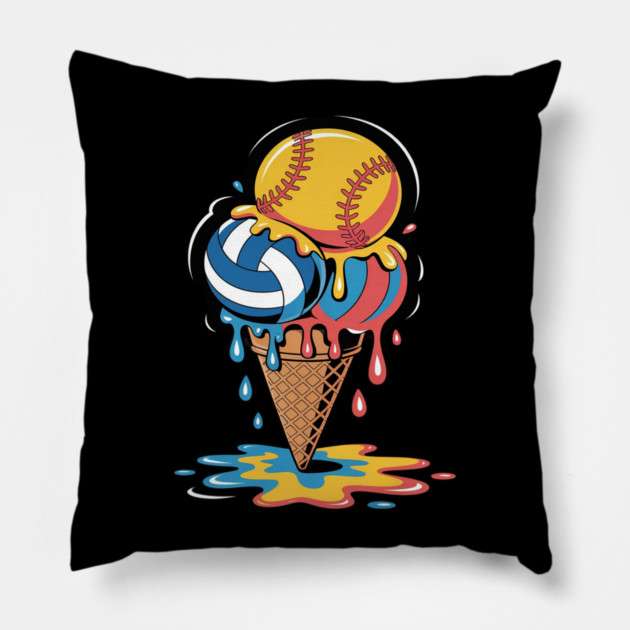 Softball Volleyball Ice Cream Drip Colorful Summer Game Day Pillow by Ink Lines