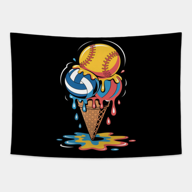 Softball Volleyball Ice Cream Drip Colorful Summer Game Day Tapestry by Ink Lines