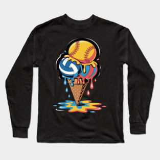 Softball Volleyball Ice Cream Drip Colorful Summer Game Day Long Sleeve T-Shirt