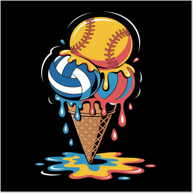Softball Volleyball Ice Cream Drip Colorful Summer Game Day Wall Art by Ink Lines