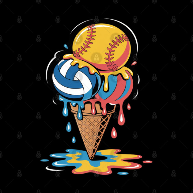 Softball Volleyball Ice Cream Drip Colorful Summer Game Day by Ink Lines