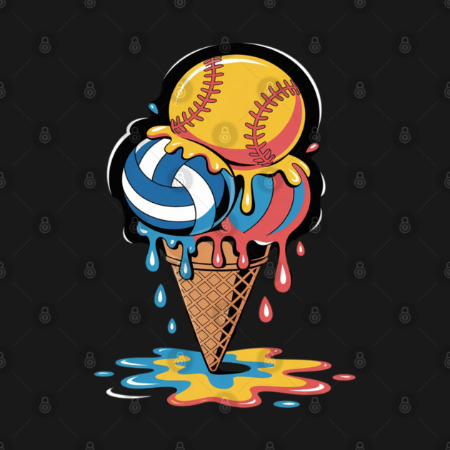 Softball Volleyball Ice Cream Drip Colorful Summer Game Day by Ink Lines