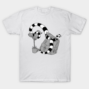 Backpack Barista – Whimsical Striped Creature Pouring Coffee T-Shirt