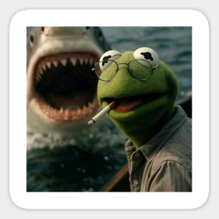 Chill Frog Puppet Smoking With Giant Shark Meme Sticker