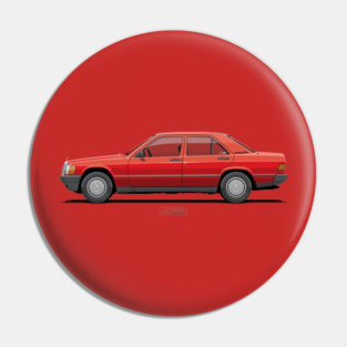 190E W201 Signal Red – Classic 1980s German Sedan Illustration Pin