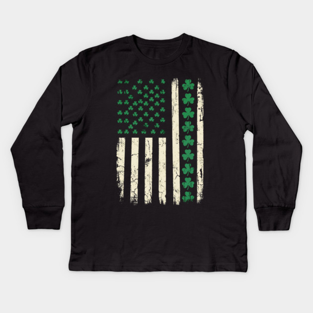 US American Flag with Shamrocks for St Patricks Day Kids Long Sleeve T-Shirt by Creatifly Graphic Tees