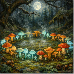 Moonlit Mushroom Fairy Ring - Dark Fantasy Forest Goblincore Art Posters and Art