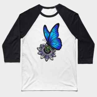 Blue Morpho Butterfly Botanical Design Baseball T-Shirt