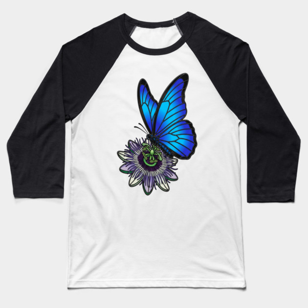 Blue Morpho Butterfly Botanical Design Baseball T-Shirt by BirdsnStuff