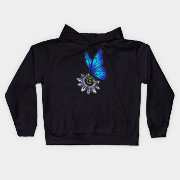 Blue Morpho Butterfly Botanical Design Kids Hoodie by BirdsnStuff