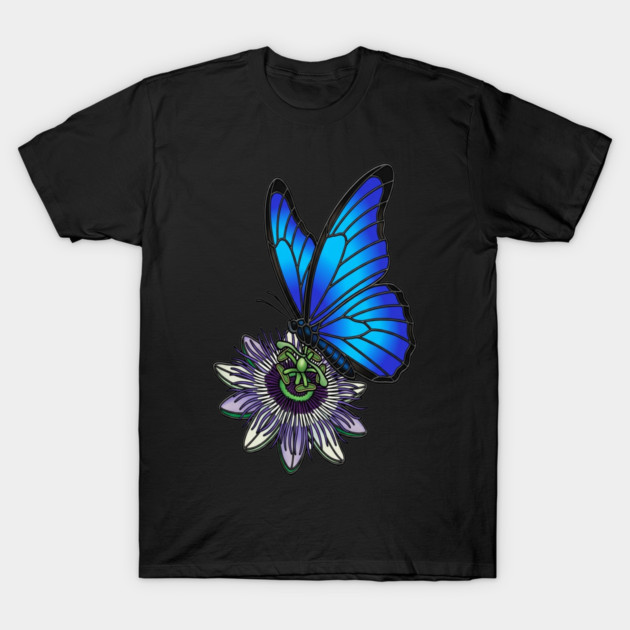 Blue Morpho Butterfly Botanical Design T-Shirt by BirdsnStuff