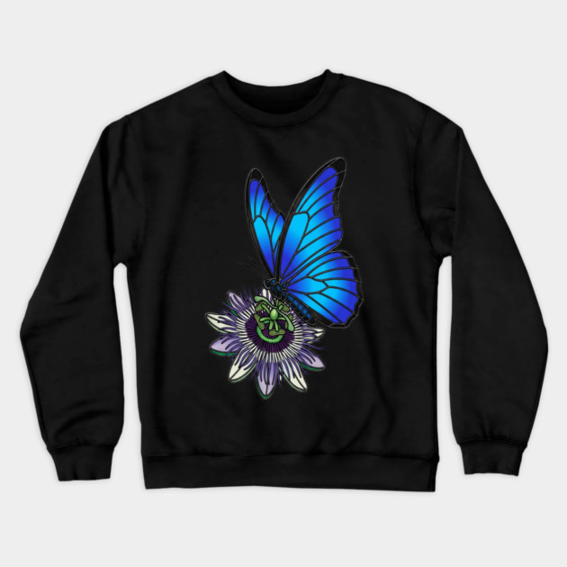 Blue Morpho Butterfly Botanical Design Crewneck Sweatshirt by BirdsnStuff